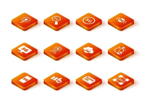 Set Mobile with 5G network, Location, Antenna, Micro Sim Card, Cloud, and Stock Illustration