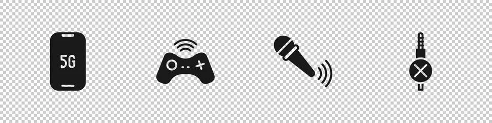 Set Mobile with 5G, Wireless gamepad, microphone and No audio jack icon. Vect Stock Illustration