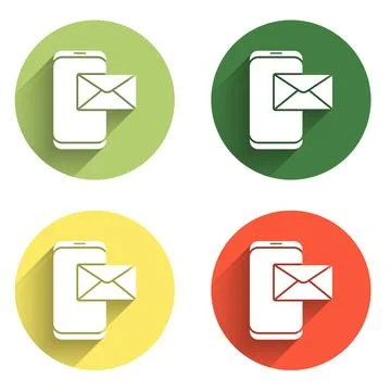 Set Mobile and envelope, new message, mail icon isolated with long shadow b.. Stock Illustration