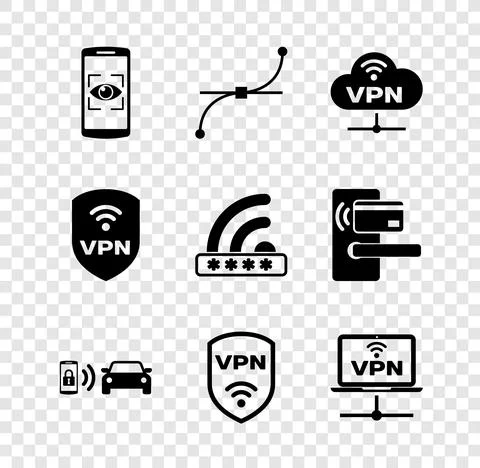 Set Mobile and eye scan, Bezier curve, VPN Network cloud connection, Smart car 스톡 일러스트