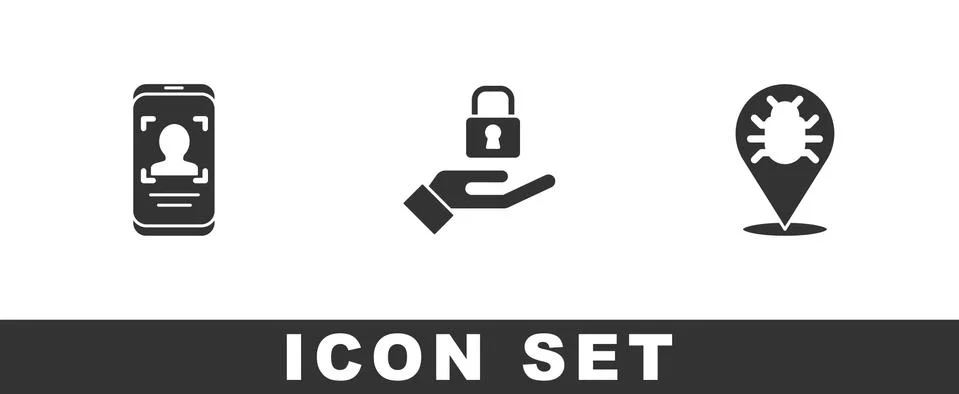 Set Mobile and face recognition, Lock in hand and System bug icon. Vector Stock-Illustration