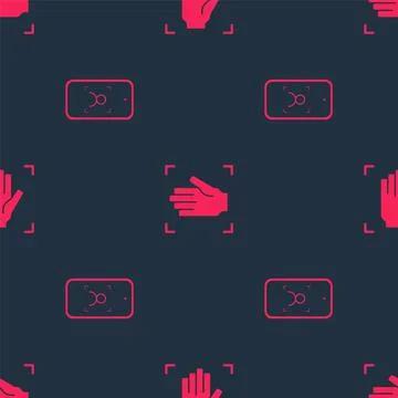 Set Mobile and face recognition and Palm print on seamless pattern. Vector Illustrazione stock