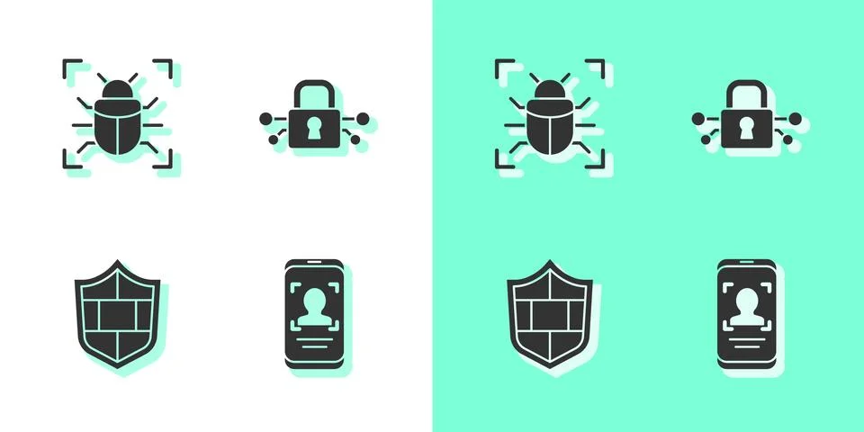Set Mobile and face recognition, System bug, Shield with brick wall and Cyber 스톡 일러스트