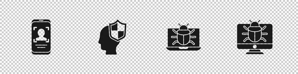 Set Mobile and face recognition, Head with shield, System bug monitor and icon 스톡 일러스트