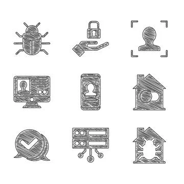 Set Mobile and face recognition, Server, Data, Web Hosting, House system bug Ilustración de archivo