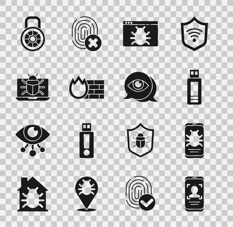 Set Mobile and face recognition, System bug mobile, USB flash drive, Firewall Ilustración de archivo