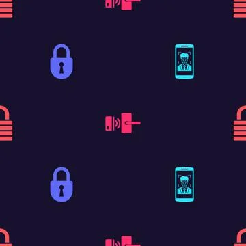Set Mobile and face recognition, Lock, Digital door lock with wireless and on Illustration