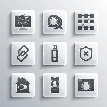Set Mobile and face recognition, System bug, Shield with cross mark, USB flash Illustrazione stock