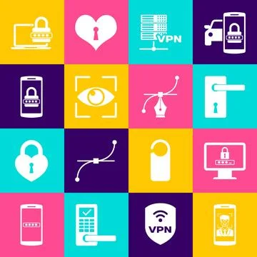 Set Mobile and face recognition, Monitor with password, Door handle, Server.. Illustration
