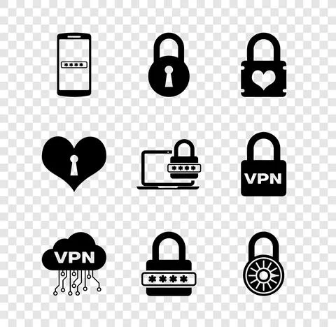 Set Mobile and password, Lock, Padlock with heart, Cloud VPN interface, Password Stock Illustration