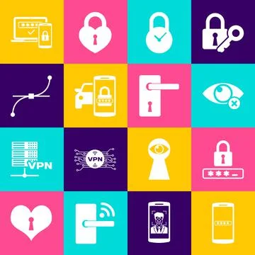 Set Mobile and password, Password protection, Invisible hide, Padlock with clock Stock Illustration