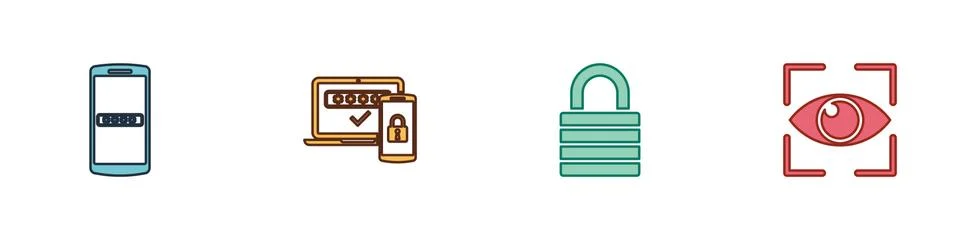 Set Mobile and password, Two steps authentication, Lock and Eye scan icon Stock Illustration