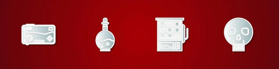 Set Mobile and playing in game, Bottle with magic elixir, Slot machine and Skull Stock Illustration