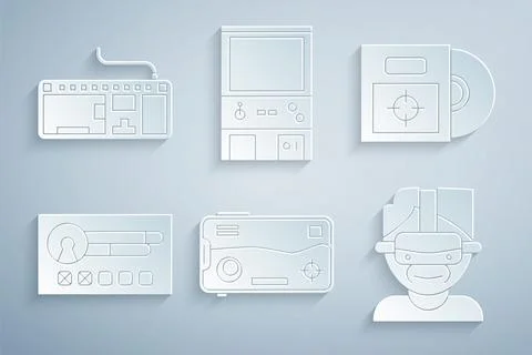 Set Mobile and playing in game, CD or DVD disk box, Create account screen Stock Illustration