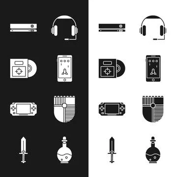 Set Mobile and playing in game, CD or DVD disk box, Video console, Headphones Stock Illustration