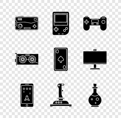 Set Mobile and playing in game, Portable video console, Gamepad, Joystick for Stock Illustration