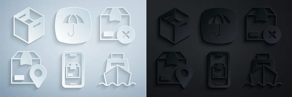 Set Mobile app delivery tracking, Carton cardboard box, Location with, Cargo Illustrazione stock