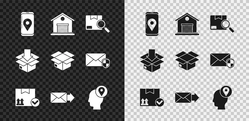 Set Mobile with app delivery tracking, Warehouse, Search package, Package box 스톡 일러스트