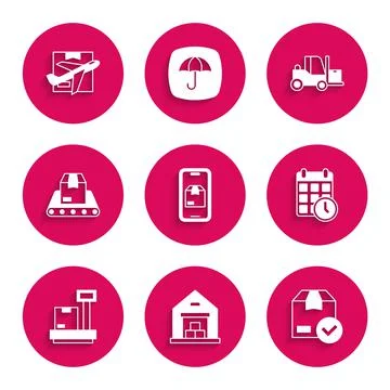 Set Mobile app delivery tracking, Warehouse, ackage box with check mark Ilustración de archivo