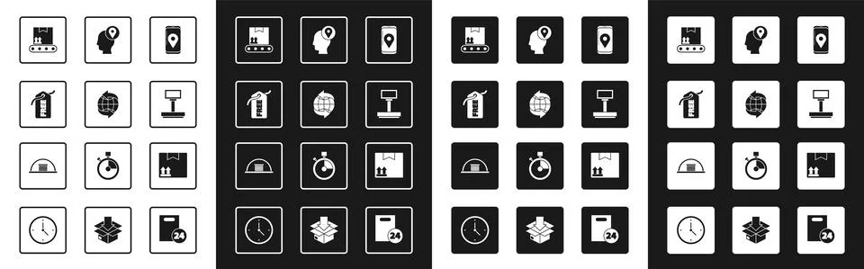 Set Mobile with app delivery tracking, Worldwide, Price tag Free, Conveyor belt Illustrazione stock