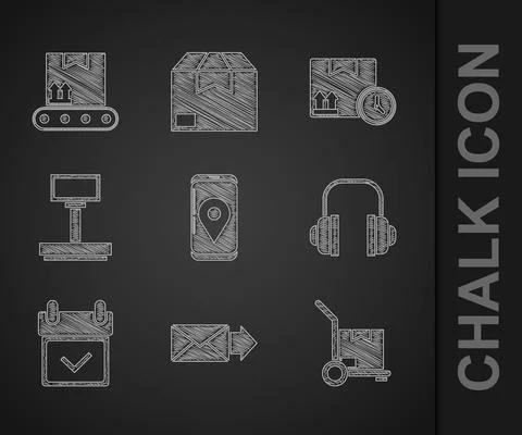 Set Mobile with app delivery tracking, Envelope, Hand truck and boxes Stock Illustration