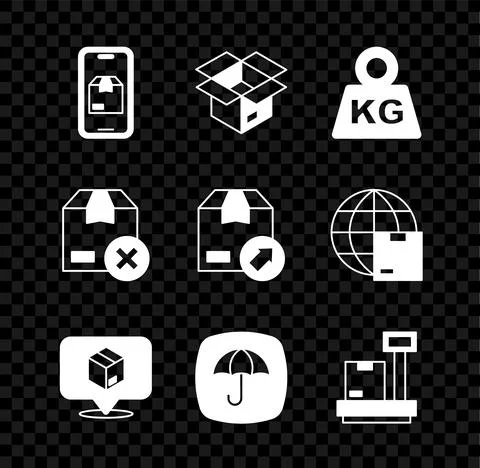 Set Mobile app delivery tracking, Unboxing, Weight, Location with cardboard Illustrazione stock