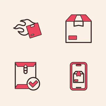 Set Mobile app delivery tracking, Carton cardboard box, and Envelope and check Stock Illustration