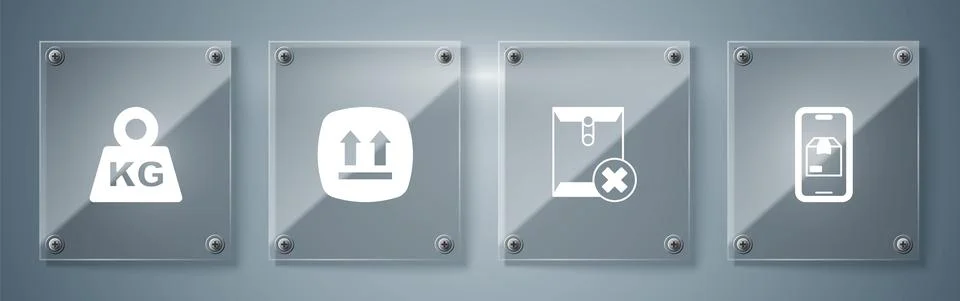 Set Mobile app delivery tracking, Delete envelope, This side up and Weight Illustrazione stock