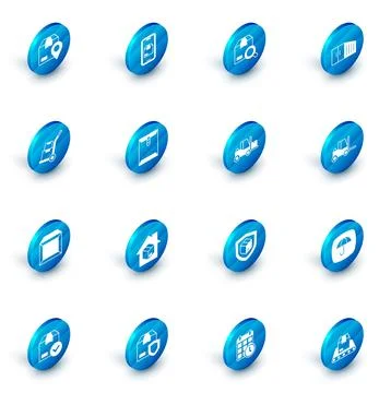 Set Mobile app delivery tracking, Search package, Container, Hand truck and Illustrazione stock