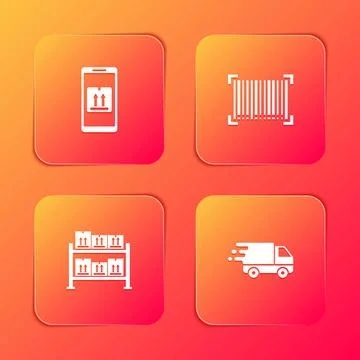 Set Mobile with app tracking, Barcode, Warehouse and Delivery truck movement Stock-Illustration