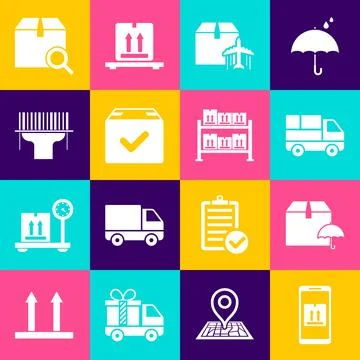Set Mobile with app tracking, Delivery package umbrella, truck boxes, Plane and Stock Illustration