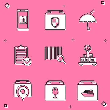 Set Mobile with app tracking, Delivery box security shield, Umbrella and rain 库存插图