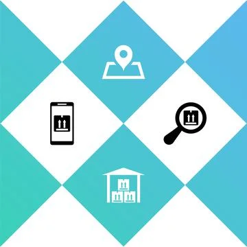 Set Mobile with app tracking, Warehouse, Placeholder on map and Search package Stock Illustration