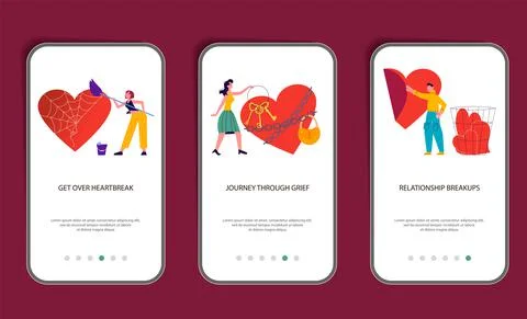 Set of mobile application template of intense emotional pain of lost lover. Stock Illustration