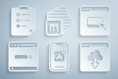 Set Mobile Apps, Browser files, Search engine, Cloud technology data transfer Stock Illustration