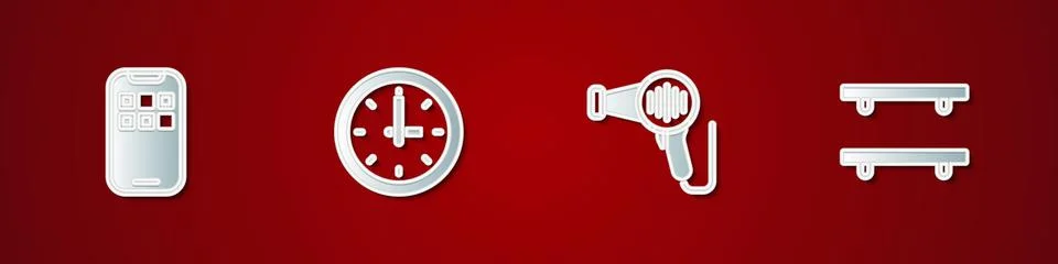 Set Mobile Apps, Clock, Hair dryer and Empty wooden shelves icon. Vector Stock Illustration