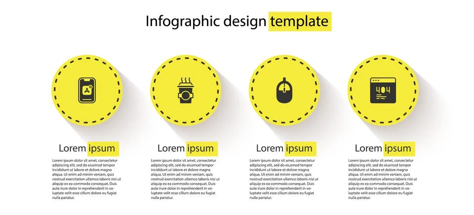 Set Mobile Apps, Coffee cup to go, Computer mouse and Page with a 404 error Illustrazione stock