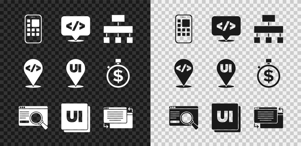 Set Mobile Apps, Front end development, Site map, UI or UX design, and icon 스톡 일러스트