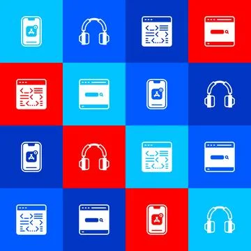 Set Mobile Apps, Headphones, Software and Search engine icon. Vector Stock Illustration
