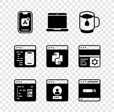 Set Mobile Apps, Laptop, Cup of tea with tea bag, Software, Create account Stock Illustration