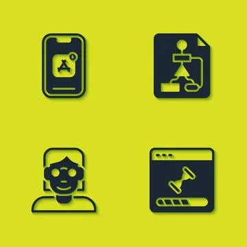 Set Mobile Apps, Loading data window, Hacker or coder and Flowchart icon. Vector Stock Illustration