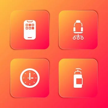 Set Mobile Apps, Office chair, Clock and Antibacterial soap icon. Vector 스톡 일러스트