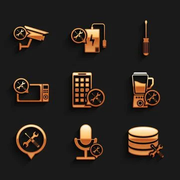 Set Mobile Apps service, Microphone, Database server, Blender, Location 스톡 일러스트