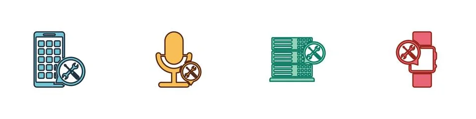 Set Mobile Apps service, Microphone, Database server and Smartwatch icon. Vector 스톡 일러스트