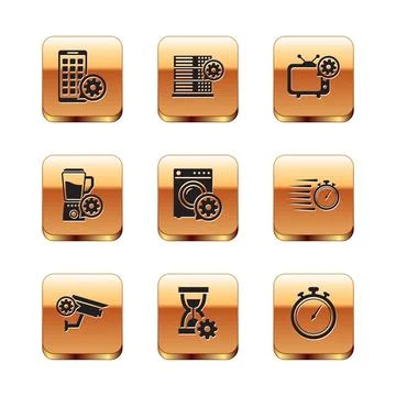 Set Mobile Apps setting, Security camera, Hourglass, Washer, Blender with bowl Stock Illustration