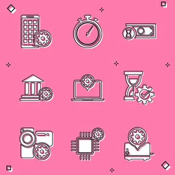Set Mobile Apps setting, Stopwatch, Fast payments, Bank building, Laptop and Ilustración de archivo