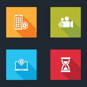 Set Mobile Apps setting, Video camera, Laptop and Old hourglass with sand icon イラスト素材