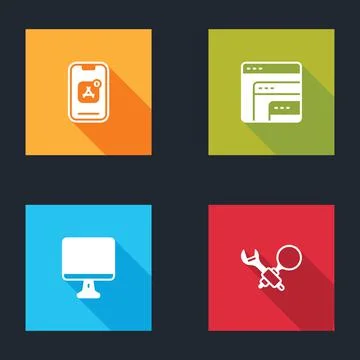 Set Mobile Apps, Software, Computer monitor screen and Debugging icon. Vector Stock Illustration