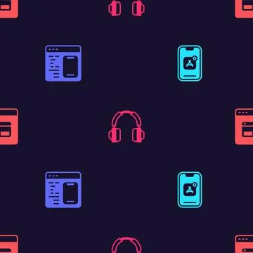 Set Mobile Apps, Software, Headphones and Search engine on seamless pattern Stock Illustration