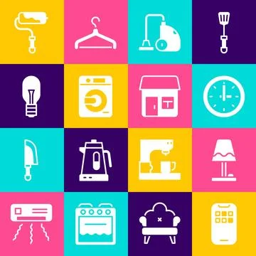 Set Mobile Apps, Table lamp, Clock, Vacuum cleaner, Washer, Light bulb, Pai.. Stock Illustration